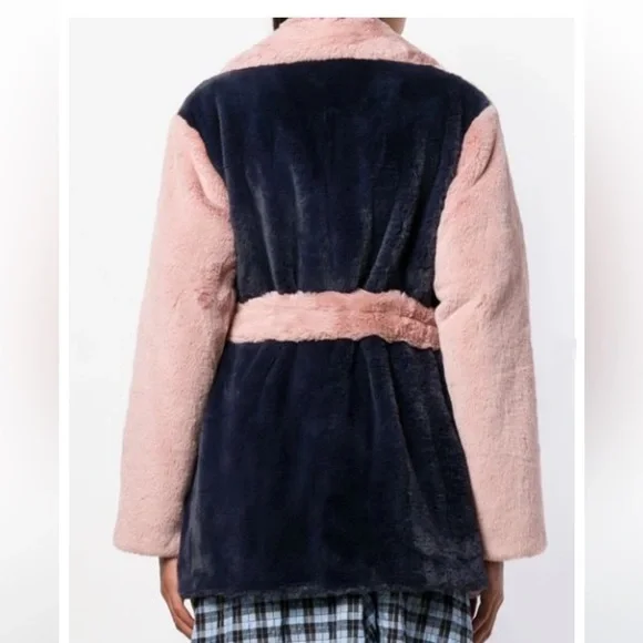 STAND STUDIO Fausta Jacket Faux Fur Colorblock Double Breasted Waist Tie M - Picture 3 of 16